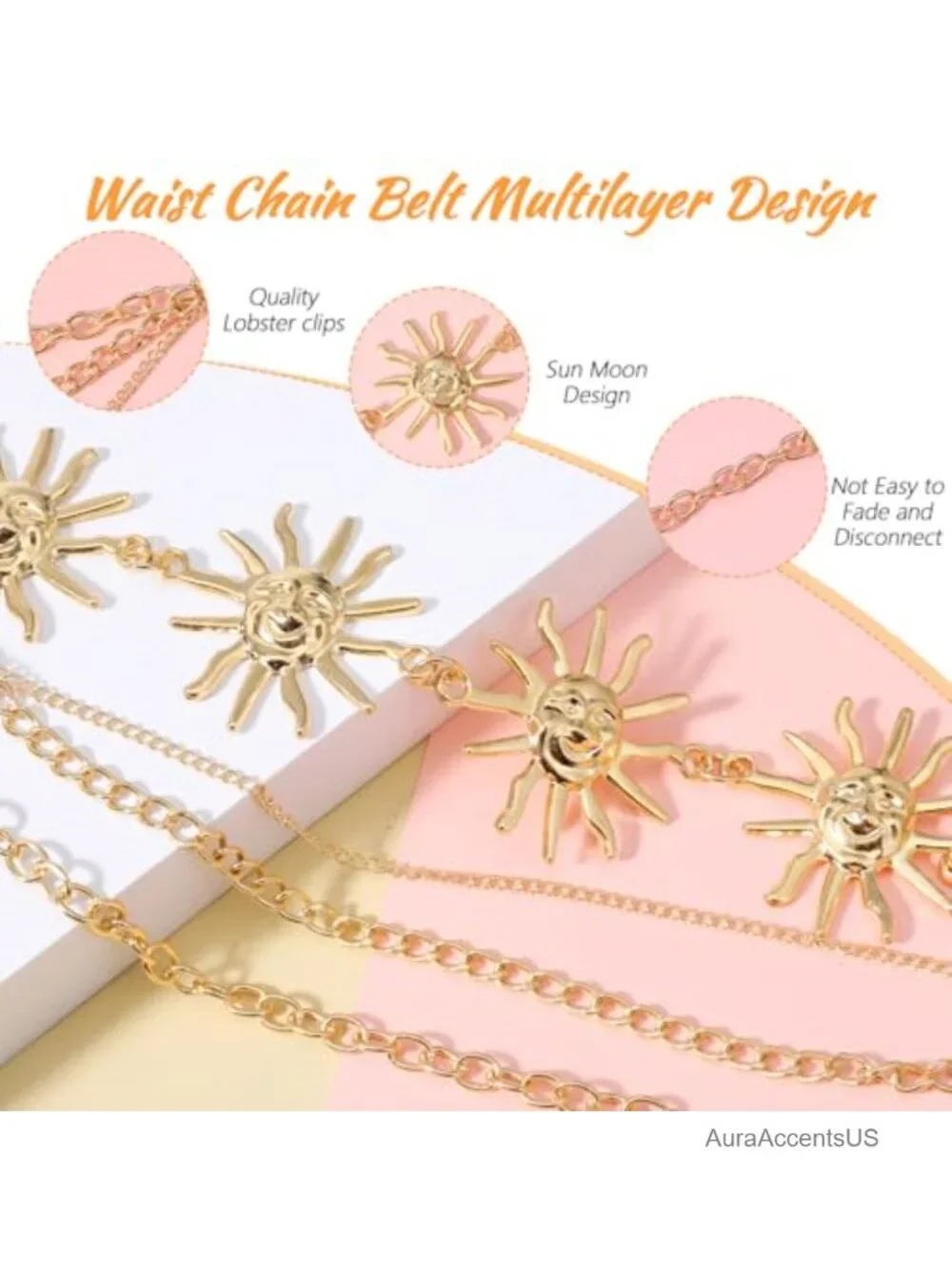 Multilayer Metal Waist Chain Belt with Sun Charm